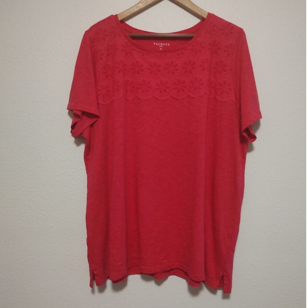 Talbots Fushia Pink Short Sleeve Round Neck Eyelet Front Panel T-Shirt Size 2X
